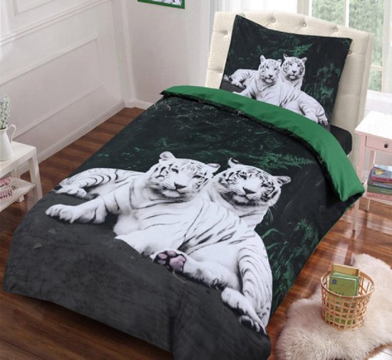 Dekbedovertrek Tiger Love Zwart|Wit- Eenpersoons -140 x 220-cm + 1 kussensloop 60x70cm