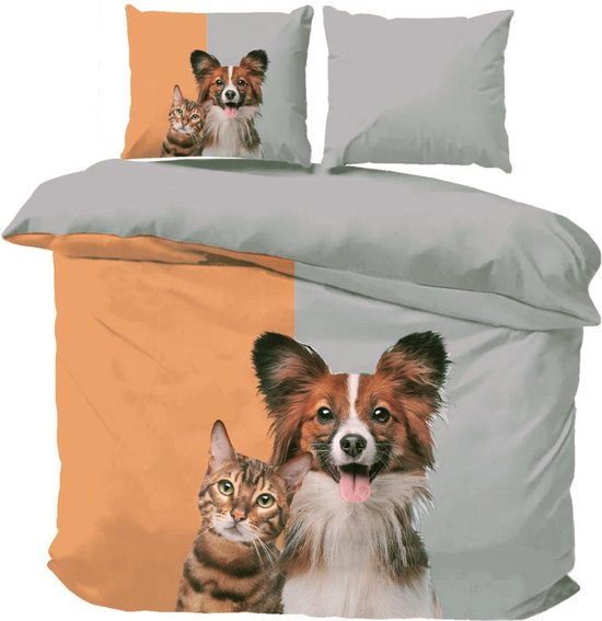 Dekbedovertrek -Hond en kat-Tweepersoons-200x200/220-cm + 2 kussenslopen 60x70cm