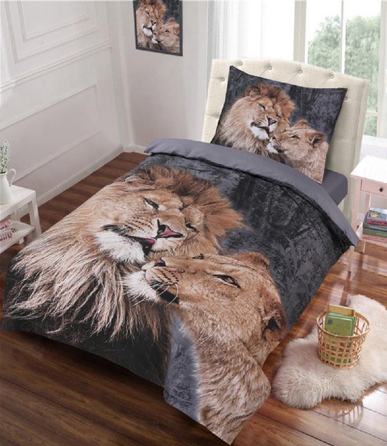 Dekbedovertrek Lion Love Antraciet|Taupe - Eenpersoons-140 x 220-cm + 1 kussensloop 60x70cm