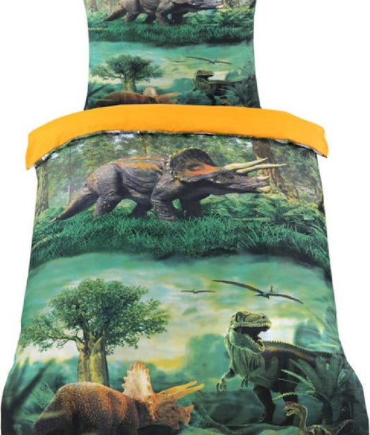 Dekbedovertrek -Dinosaurussen Multi Kleur - Eenpersoons -140x220-cm + 1 kussensloop 60x70cm